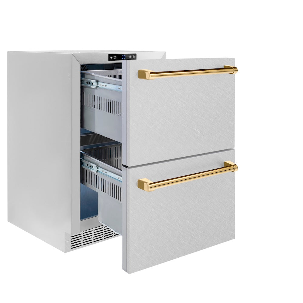 ZLINE Autograph Edition Touchstone 24-inch refrigerator in satin stainless steel and polished gold accents RDSOZ-SN-24-G, door open
