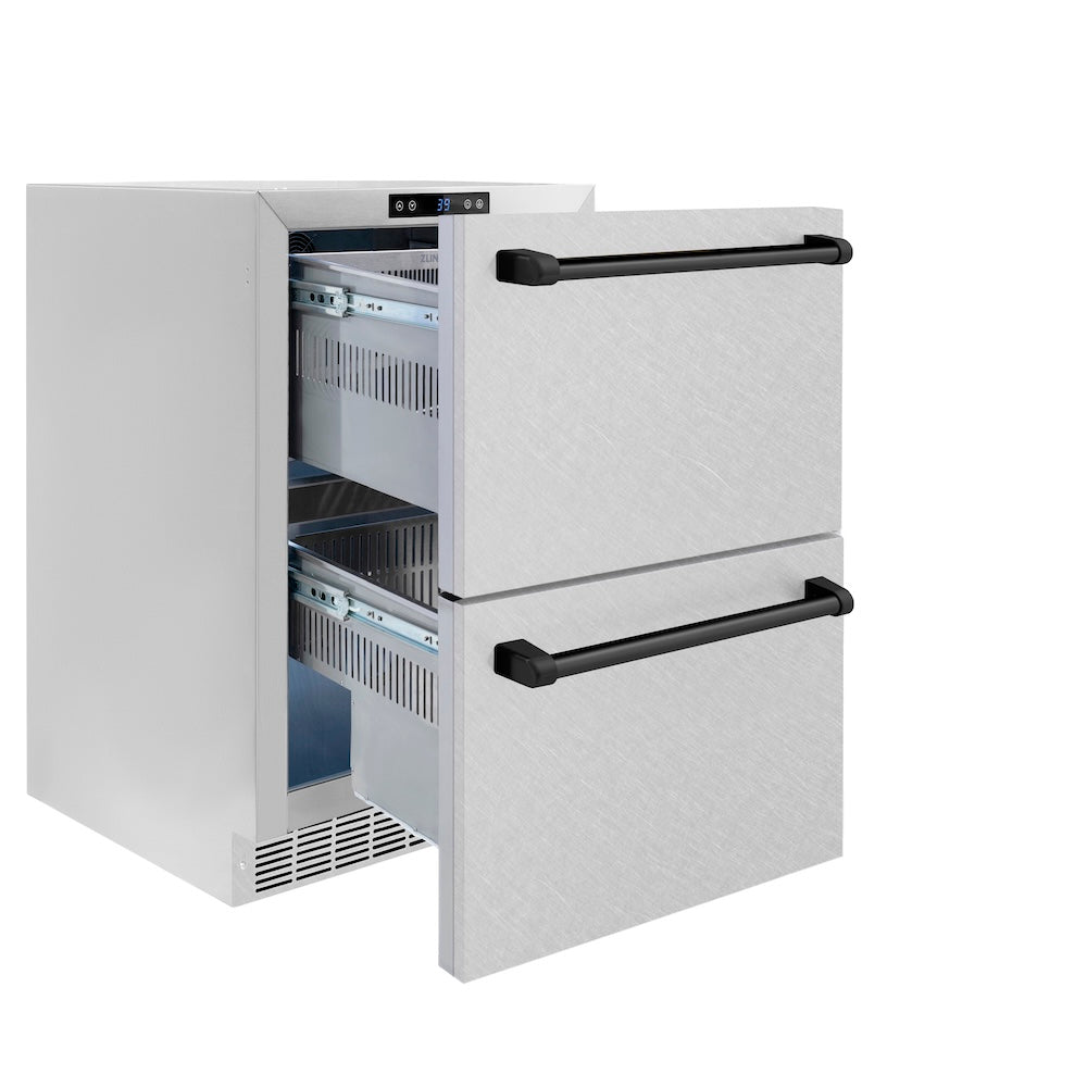 ZLINE Autograph Edition Touchstone 24-inch refrigerator in satin stainless steel and matte black accents RDSOZ-SN-24-MB, door open