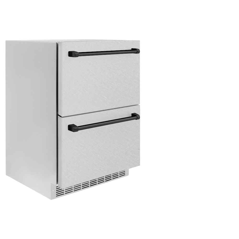 ZLINE Autograph Edition Touchstone 24-inch refrigerator in satin stainless steel and matte black accents RDSOZ-SN-24-MB, side view