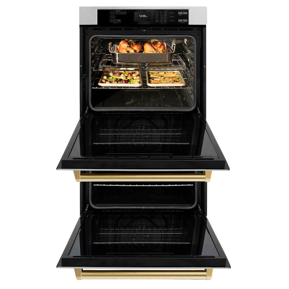 ZLINE Autograph Edition Professional 30-inch wall oven in satin stainless steel and polished gold accents WADSZ-30-G, front view