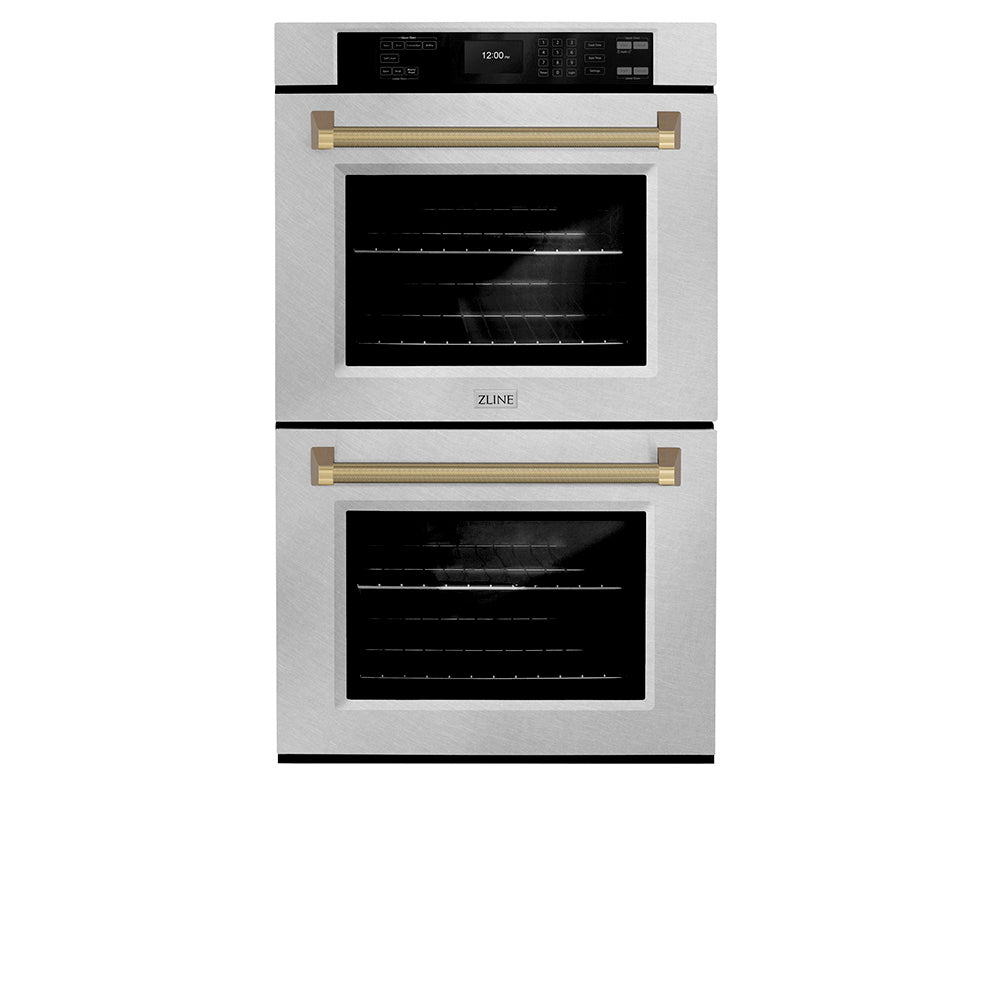ZLINE Autograph Edition Professional 30-inch wall oven in satin stainless steel and champagne bronze accents WADSZ-30-KCB, front view