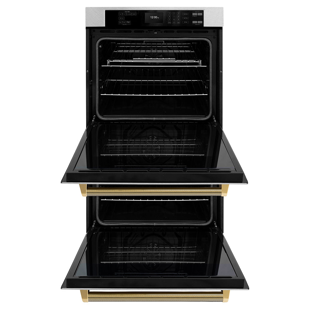ZLINE Autograph Edition Professional 30-inch wall oven in satin stainless steel and polished gold accents WADSZ-30-KG, front view