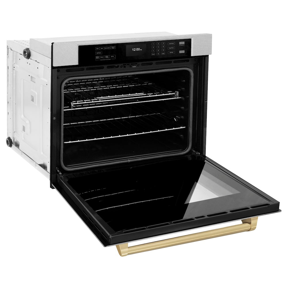 ZLINE Autograph Edition Professional 30-inch wall oven in satin stainless steel and champagne bronze accents WASSZ-30-CB, door open