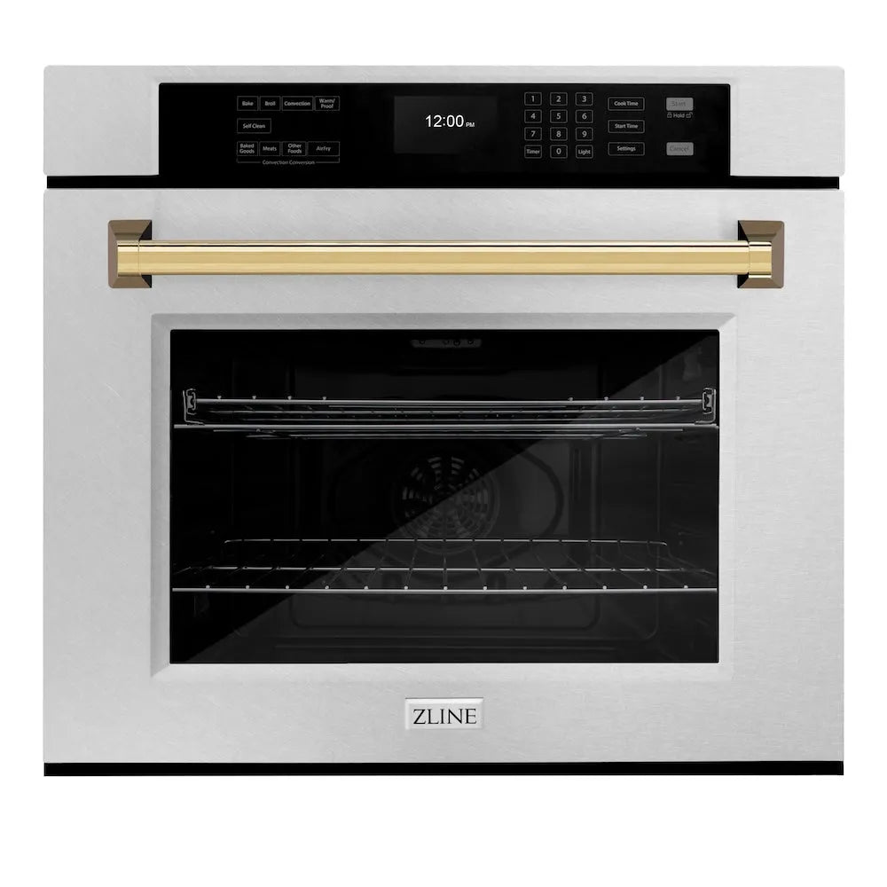 ZLINE Autograph Edition Professional 30-inch wall oven in satin stainless steel and polished gold accents WASSZ-30-G