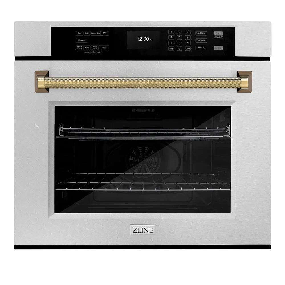 ZLINE Autograph Edition Professional 30-inch wall oven in satin stainless steel and polished gold accents WASSZ-30-KG