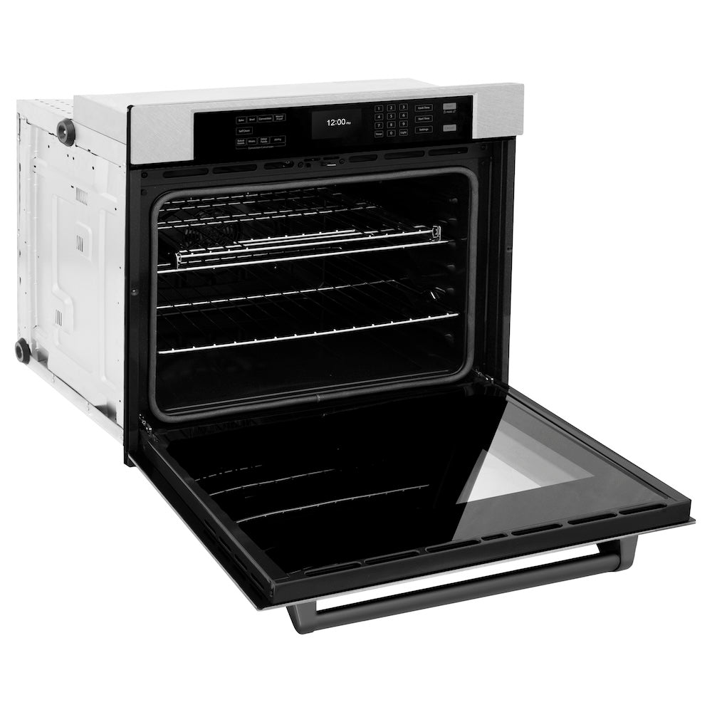 ZLINE Autograph Edition Professional 30-inch wall oven in satin stainless steel and matte black accents WASSZ-30-MB, door open