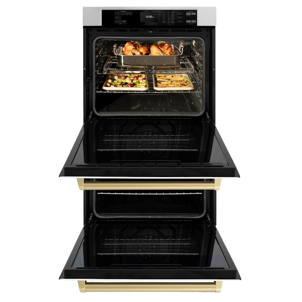 ZLINE Autograph Edition Professional 30-inch wall oven in satin stainless steel with white matte door and champagne bronze accents WADSZ-WM-30-CB, front view