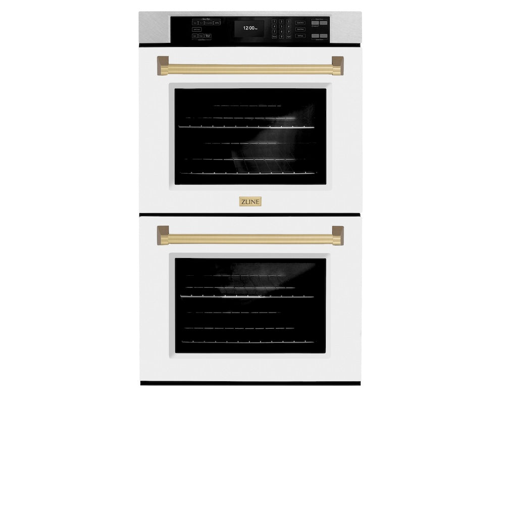 ZLINE Autograph Edition Professional 30-inch wall oven in satin stainless steel with white matte door and champagne bronze accents WADSZ-WM-30-CB, front view