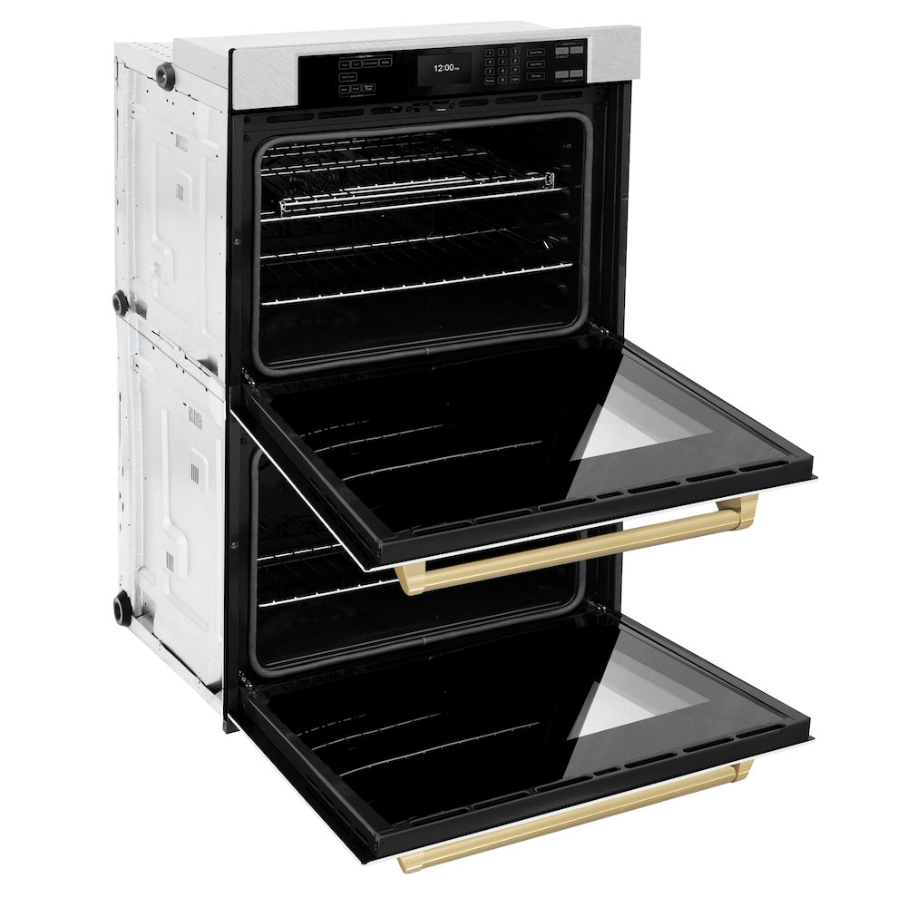 ZLINE Autograph Edition Professional 30-inch wall oven in satin stainless steel with white matte door and champagne bronze accents WADSZ-WM-30-CB, door open