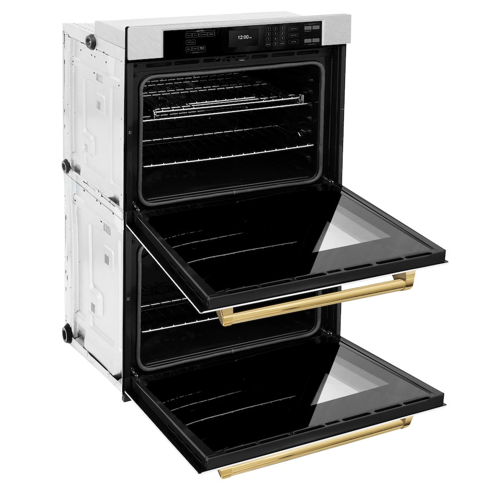 ZLINE Autograph Edition Professional 30-inch wall oven in satin stainless steel with white matte door and polished gold accents WADSZ-WM-30-G, door open