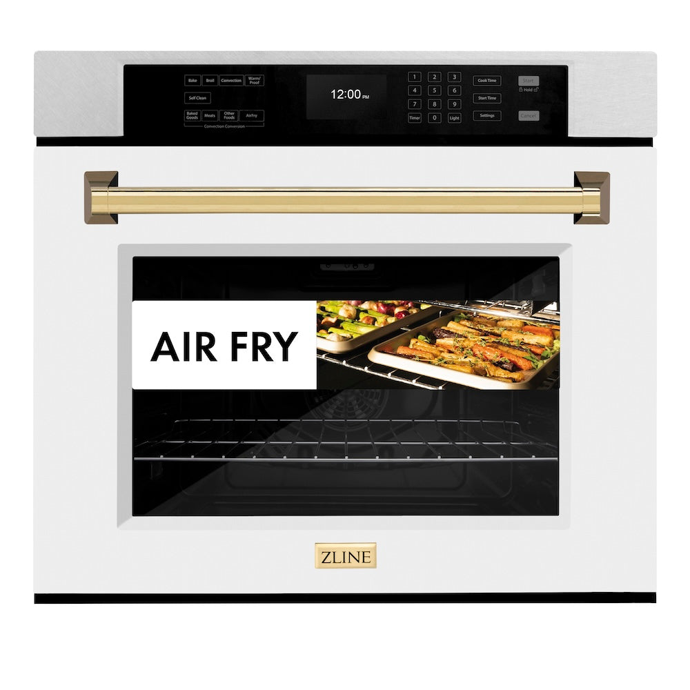 ZLINE Autograph Edition Professional 30-inch wall oven in satin stainless steel with white matte door and polished gold accents WASSZ-WM-30-G, view 7