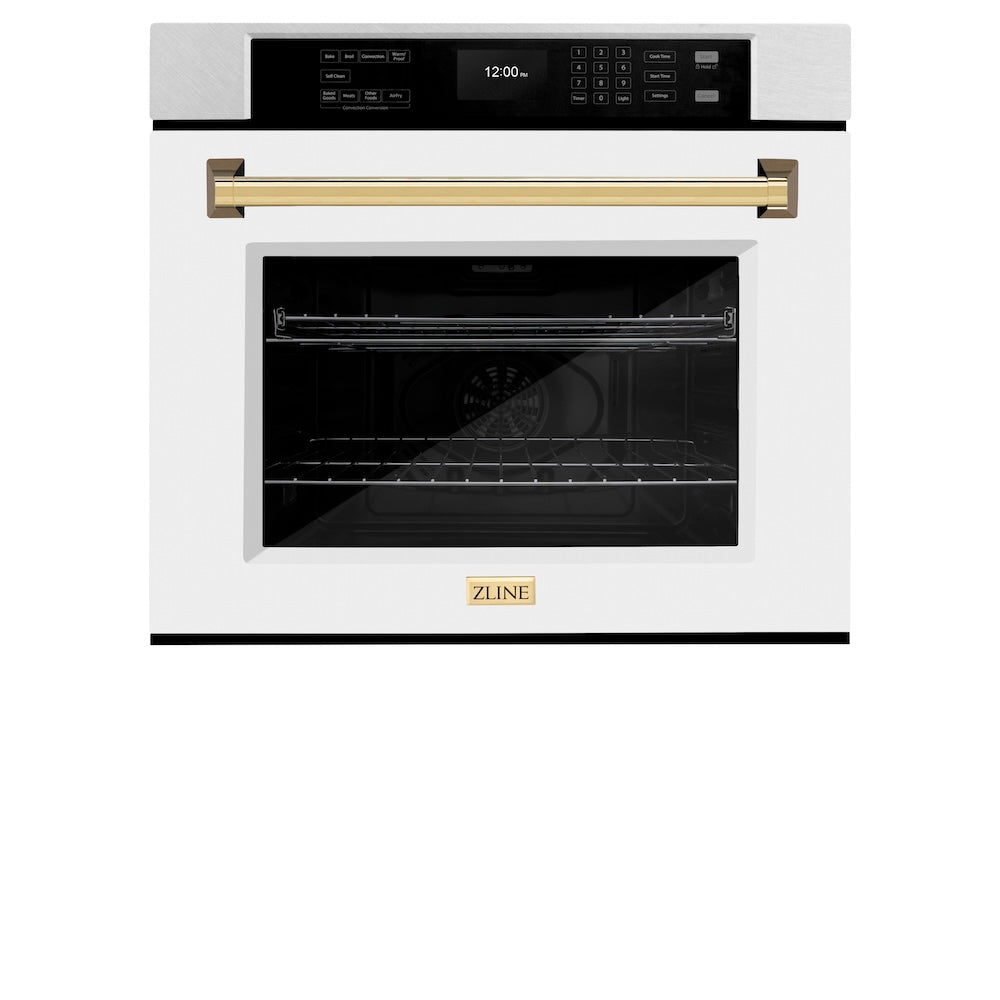 ZLINE Autograph Edition Professional 30-inch wall oven in satin stainless steel with white matte door and polished gold accents WASSZ-WM-30-G, view 4