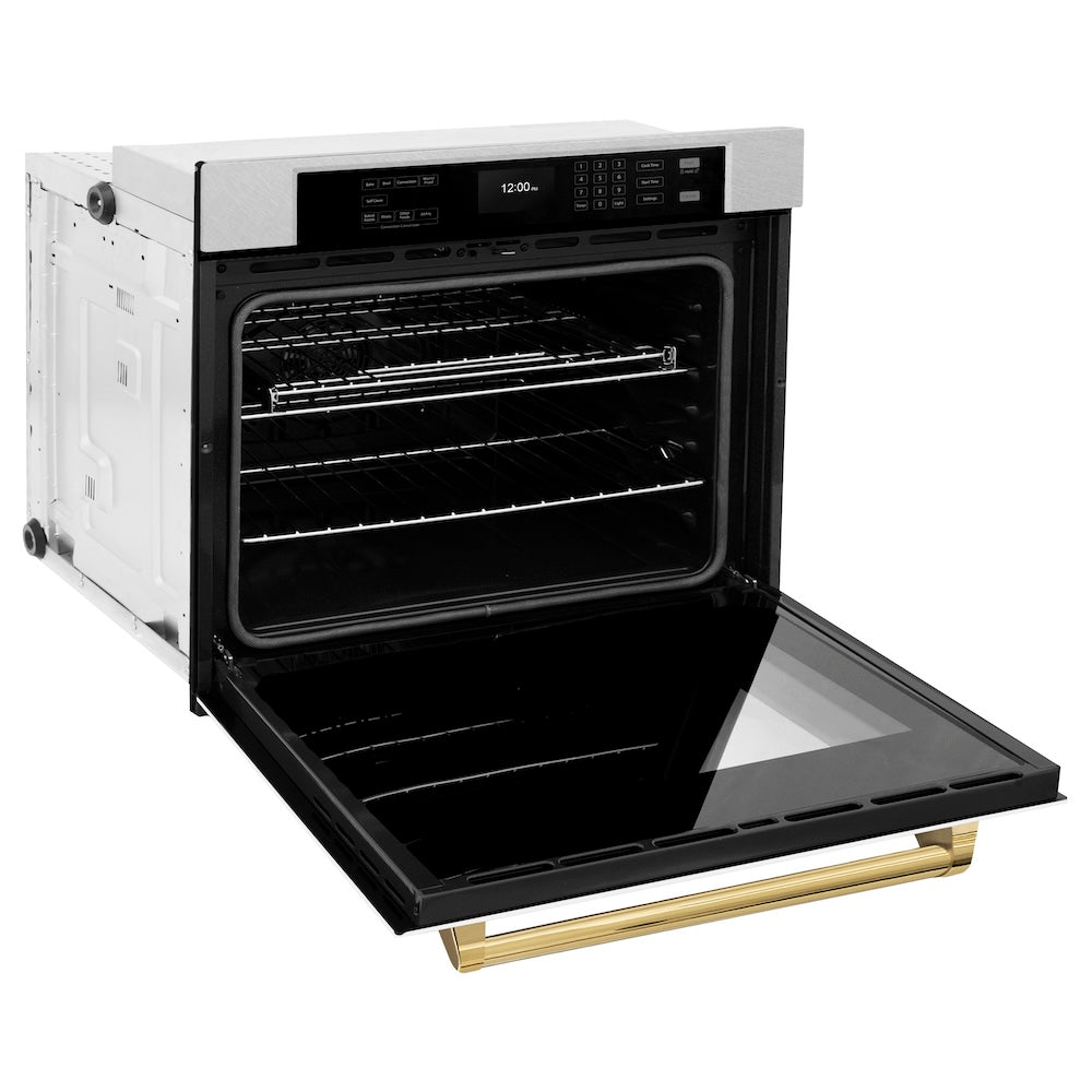 ZLINE Autograph Edition Professional 30-inch wall oven in satin stainless steel with white matte door and polished gold accents WASSZ-WM-30-G, door open