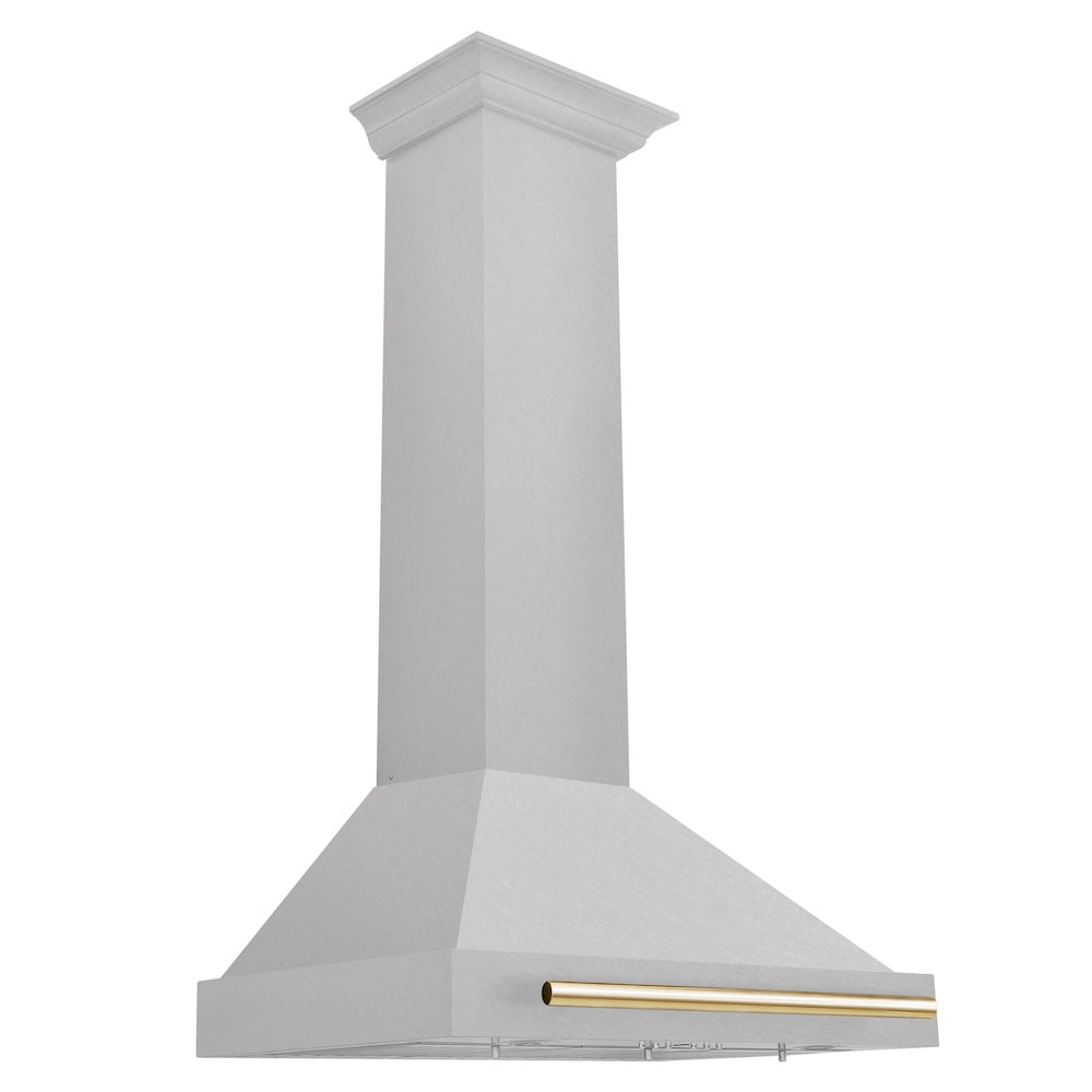 ZLINE Autograph Edition 30-inch range hood in satin stainless steel and polished gold accents KB4SNZ-30-G