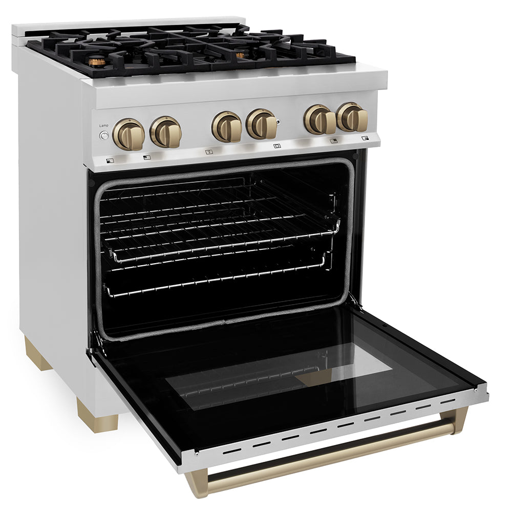 ZLINE Autograph Edition Legacy 30-inch range in stainless steel and champagne bronze accents RAZ-30-CB, door open