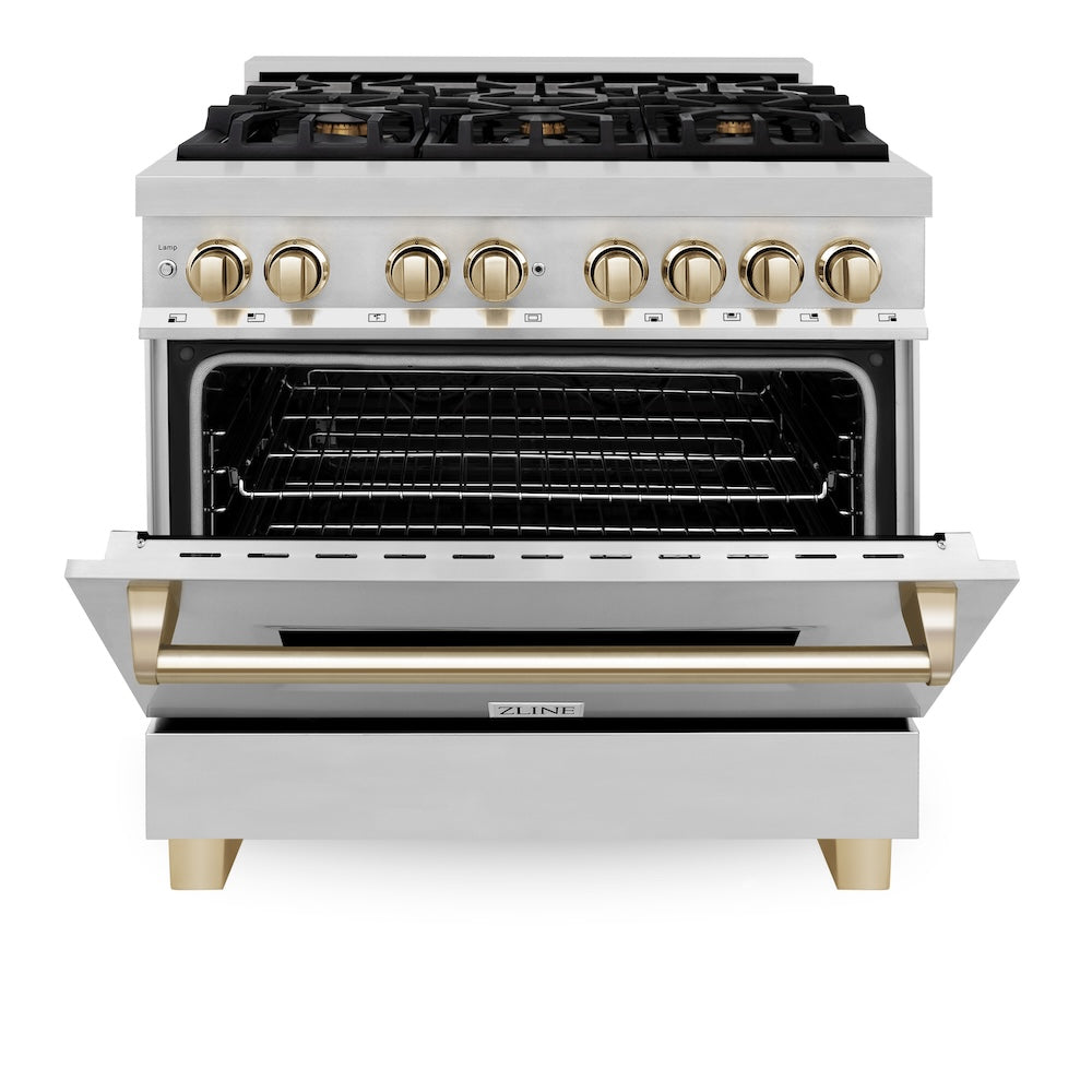 ZLINE Autograph Edition Legacy 36-inch range in stainless steel and polished gold accents RAZ-36-G, front view
