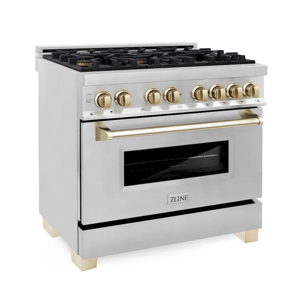 ZLINE Autograph Edition Legacy 36-inch range in stainless steel and polished gold accents RAZ-36-G