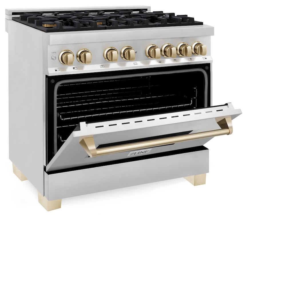 ZLINE Autograph Edition Legacy 36-inch range in stainless steel and polished gold accents RAZ-36-G, door open