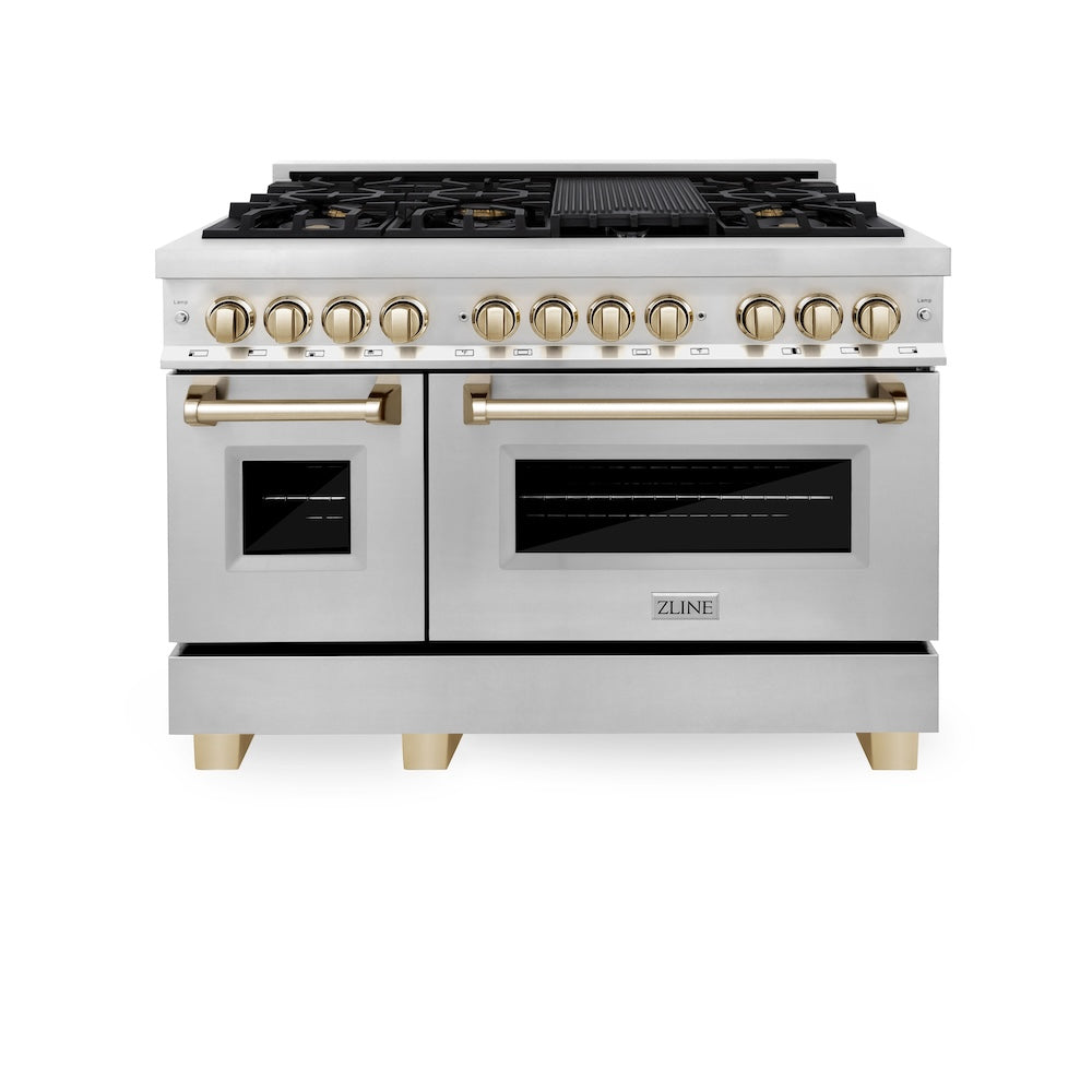 ZLINE Autograph Edition Legacy 48-inch range in stainless steel and polished gold accents RAZ-48-G, front view