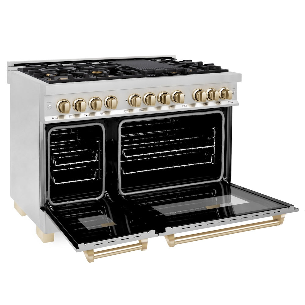 ZLINE Autograph Edition Legacy 48-inch range in stainless steel and polished gold accents RAZ-48-G, door open