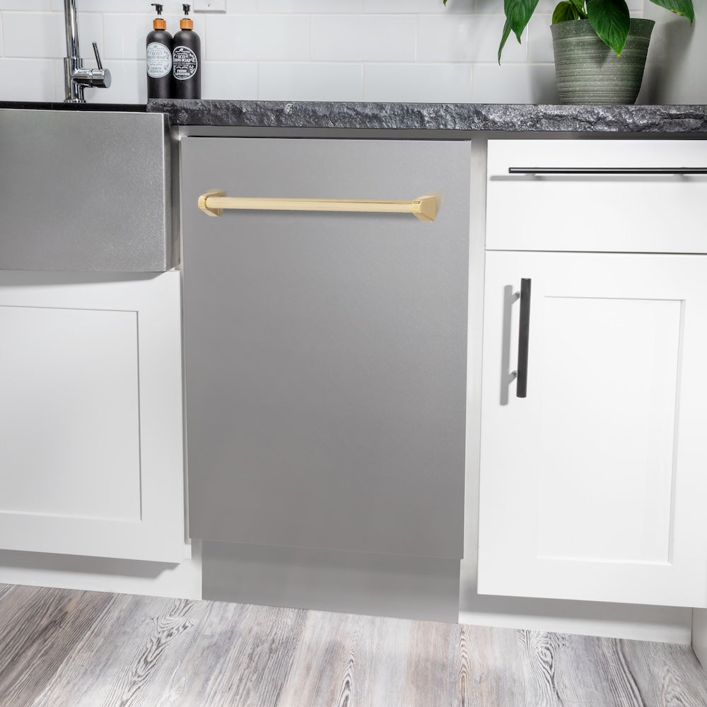 ZLINE Autograph Edition Tallac 18-inch dishwasher in stainless steel and polished gold accents DWVZ-304-18-G, detail
