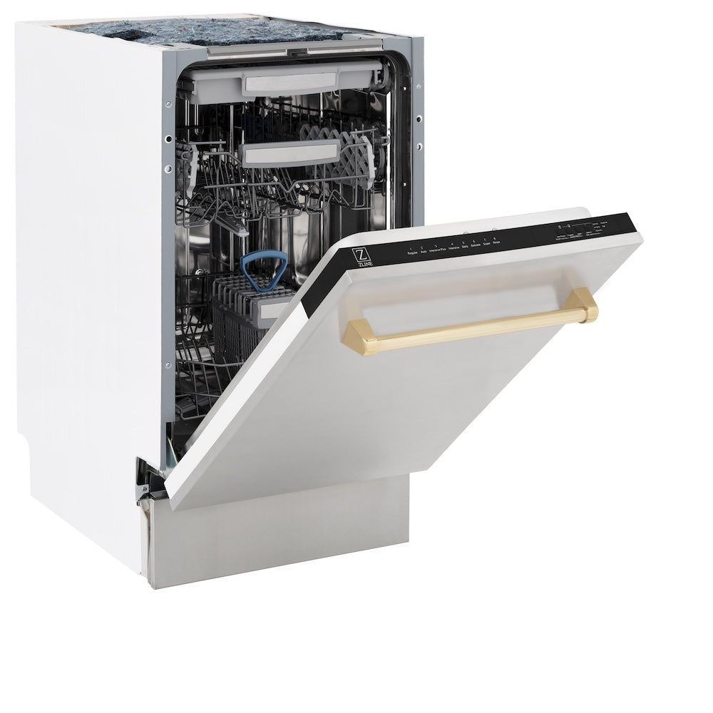 ZLINE Autograph Edition Tallac 18-inch dishwasher in stainless steel and polished gold accents DWVZ-304-18-G, door open