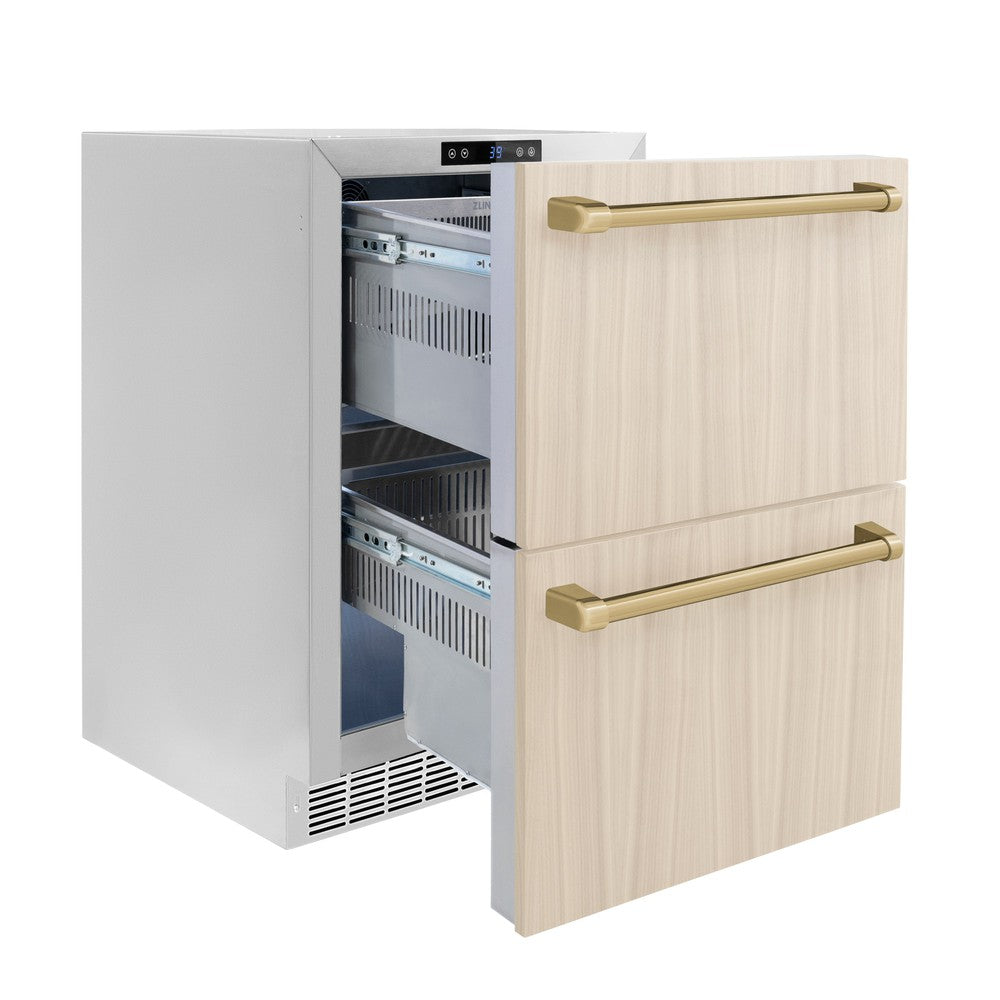 ZLINE Autograph Edition Touchstone 24-inch refrigerator, panel ready and champagne bronze accents RDSPOZ-24-CB, door open