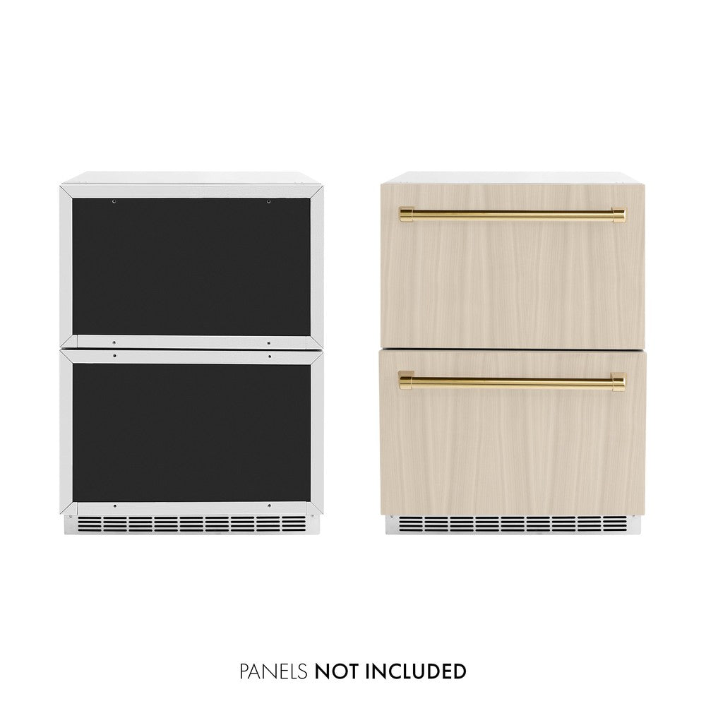 ZLINE Autograph Edition Touchstone 24-inch refrigerator, panel ready and polished gold accents RDSPOZ-24-G