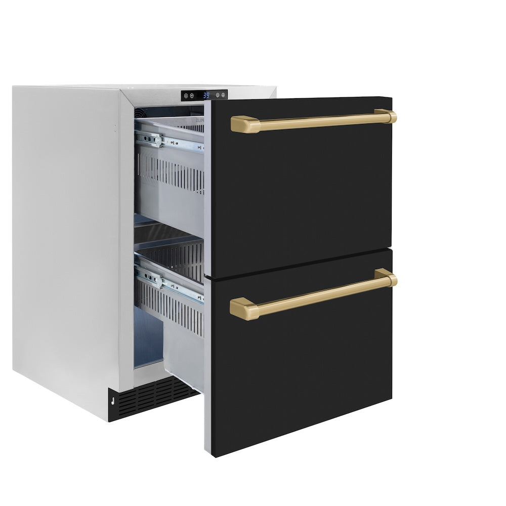 ZLINE Autograph Edition Touchstone 24-inch refrigerator in black matte and champagne bronze accents RDSOZ-BLM-24-CB, door open