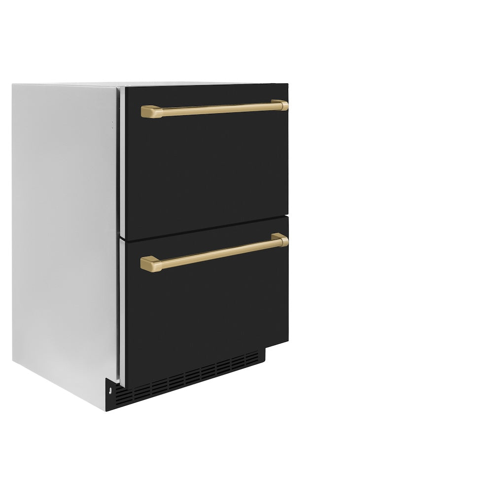 ZLINE Autograph Edition Touchstone 24-inch refrigerator in black matte and champagne bronze accents RDSOZ-BLM-24-CB, side view