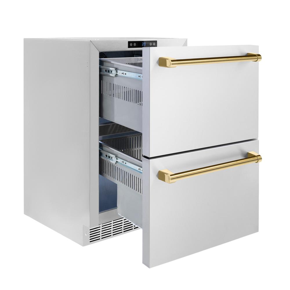 ZLINE Autograph Edition Touchstone 24-inch refrigerator in stainless steel and polished gold accents RDSOZ-ST-24-G, door open