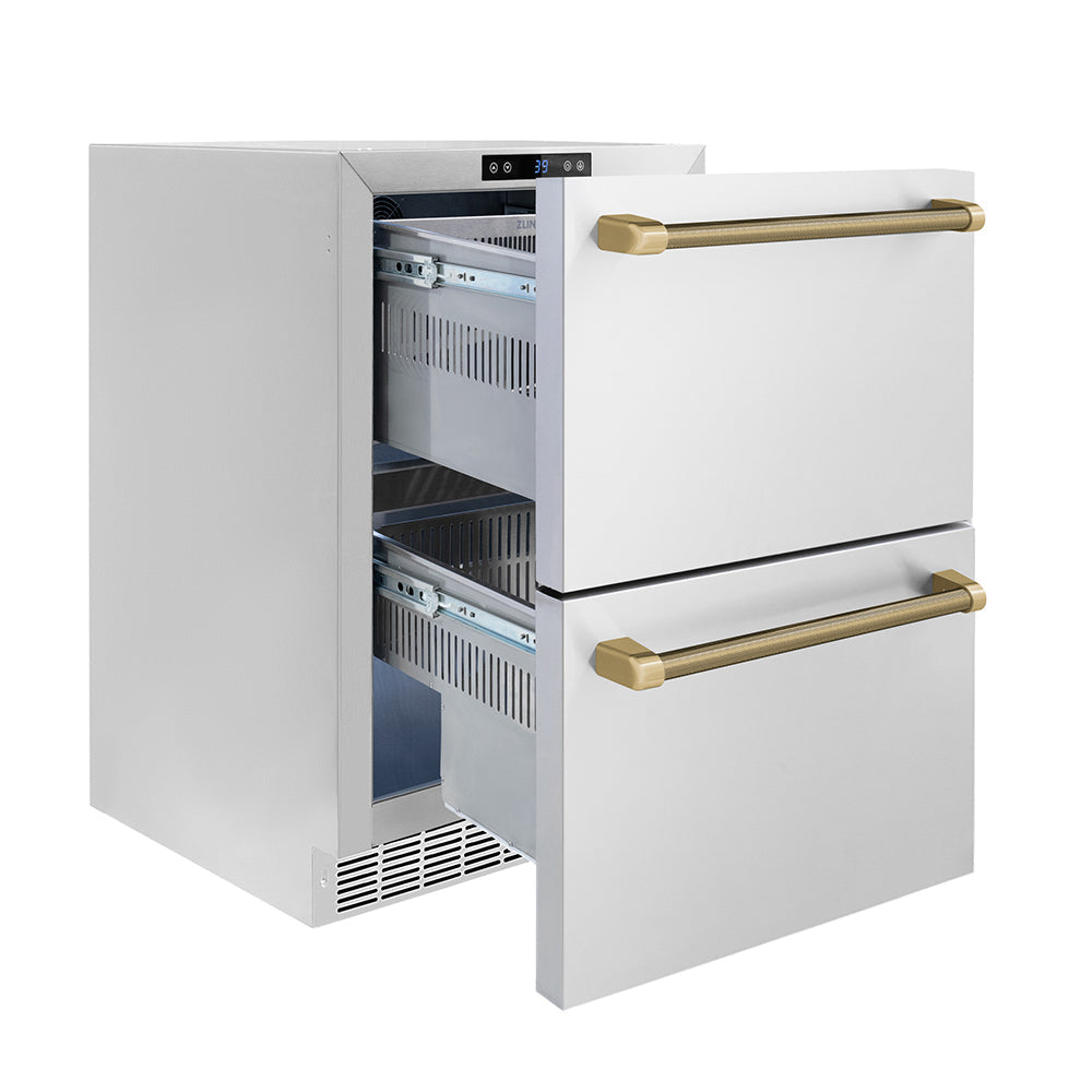 ZLINE Autograph Edition Touchstone 24-inch refrigerator in stainless steel and champagne bronze accents RDSOZ-ST-24-KCB, door open