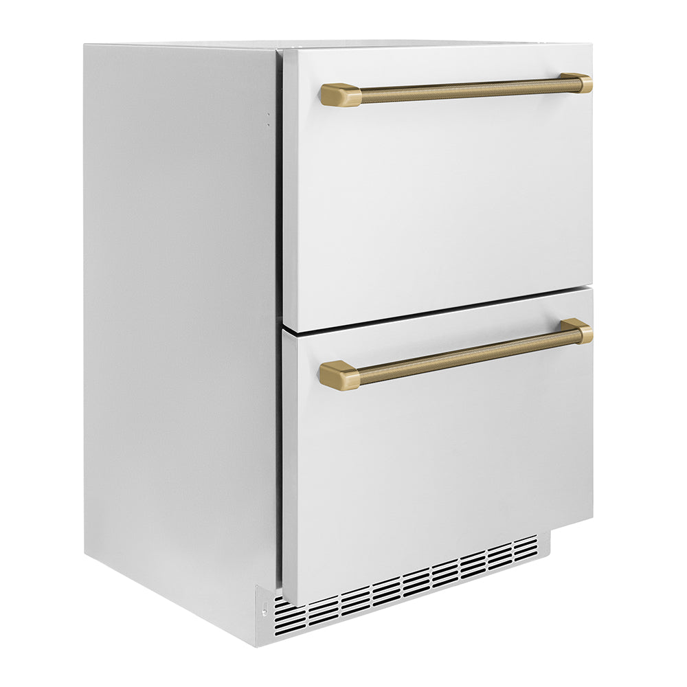 ZLINE Autograph Edition Touchstone 24-inch refrigerator in stainless steel and champagne bronze accents RDSOZ-ST-24-KCB, side view