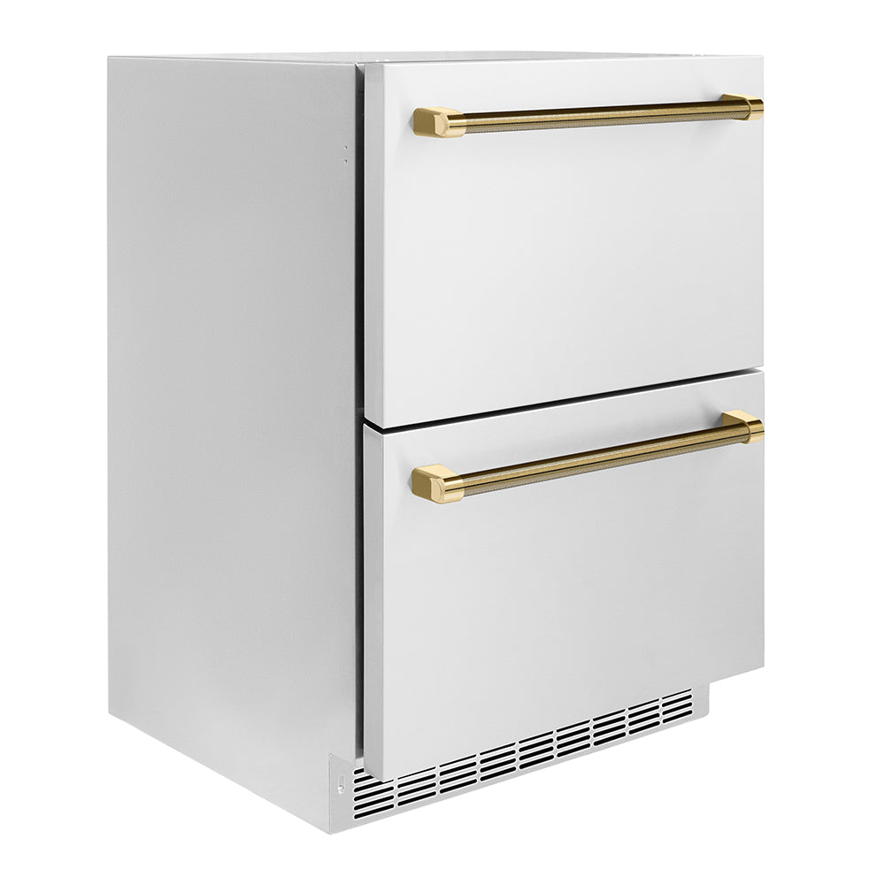 ZLINE Autograph Edition Touchstone 24-inch refrigerator in stainless steel and polished gold accents RDSOZ-ST-24-KG, side view