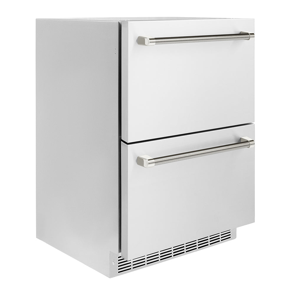 ZLINE Autograph Edition Touchstone 24-inch refrigerator in stainless steel and polished nickel accents RDSOZ-ST-24-KPN, side view
