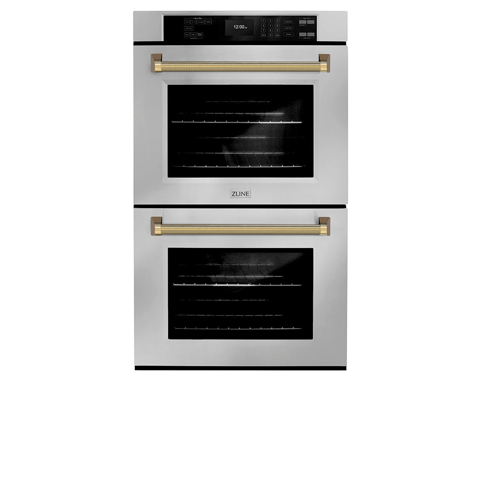 ZLINE Autograph Edition Professional 30-inch wall oven in stainless steel and polished gold accents WADZ-30-KG, front view