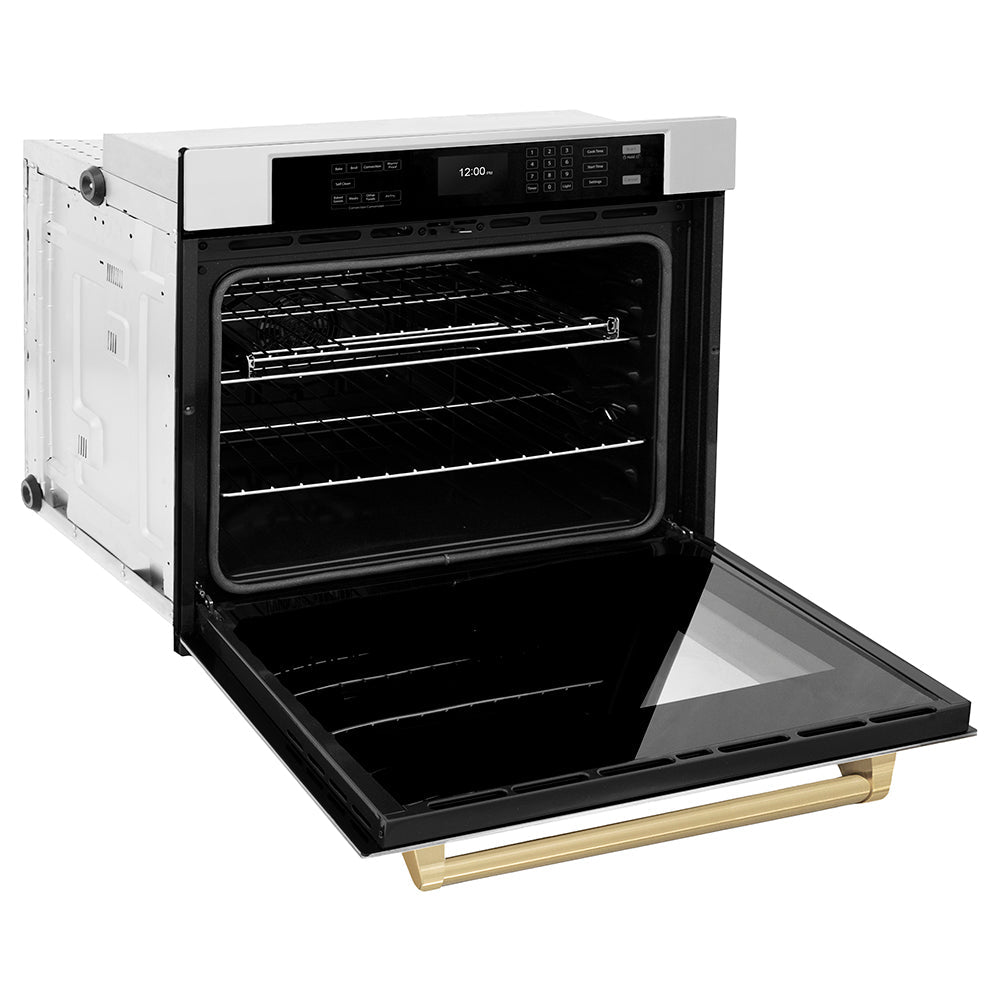 ZLINE Autograph Edition Professional 30-inch wall oven in stainless steel and champagne bronze accents WASZ-30-CB, door open