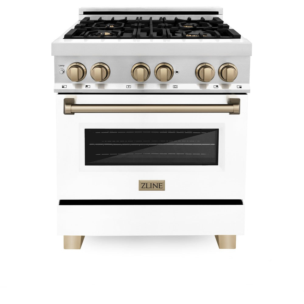 ZLINE Autograph Edition Legacy 30-inch range in stainless steel with white matte door and champagne bronze accents RAZ-WM-30-CB, front view