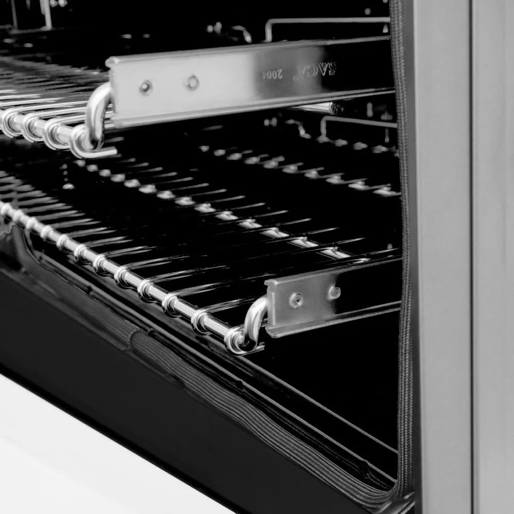 ZLINE Autograph Edition Legacy 48-inch range in stainless steel with white matte door and matte black accents RAZ-WM-48-MB, side view