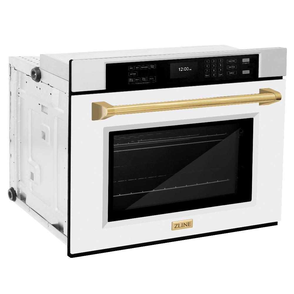 ZLINE Autograph Edition Professional 30-inch wall oven in stainless steel with white matte door and polished gold accents WASZ-WM-30-G, side view