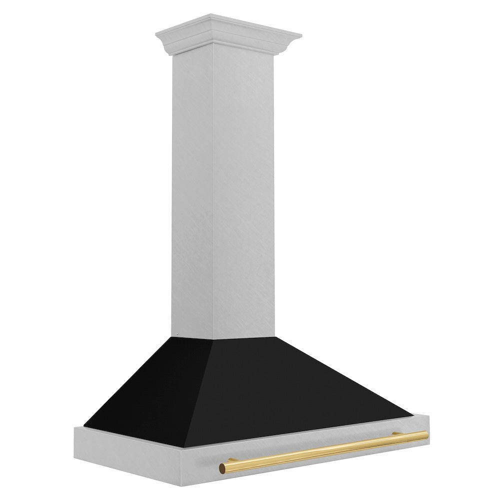 ZLINE Autograph Edition 36-inch range hood in satin stainless steel and polished gold accents KB4SNZ-BLM36-G, side view