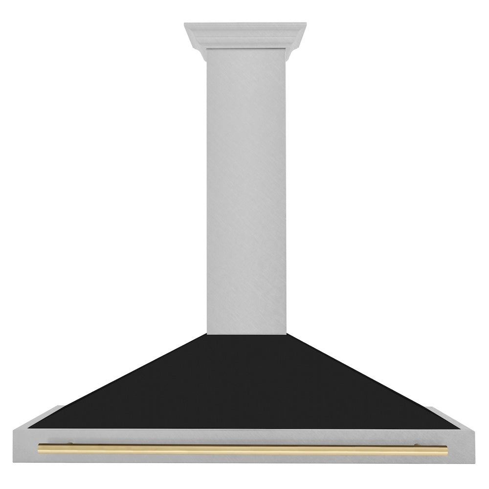 ZLINE Autograph Edition 48-inch range hood in satin stainless steel and polished gold accents KB4SNZ-BLM48-G, front view