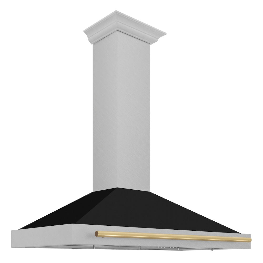 ZLINE Autograph Edition 48-inch range hood in satin stainless steel and polished gold accents KB4SNZ-BLM48-G