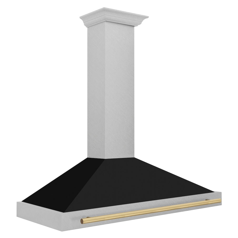 ZLINE Autograph Edition 48-inch range hood in satin stainless steel and polished gold accents KB4SNZ-BLM48-G, side view