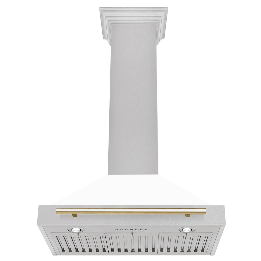 ZLINE Autograph Edition 30-inch range hood in satin stainless steel and polished gold accents KB4SNZ-WM30-G, view 4