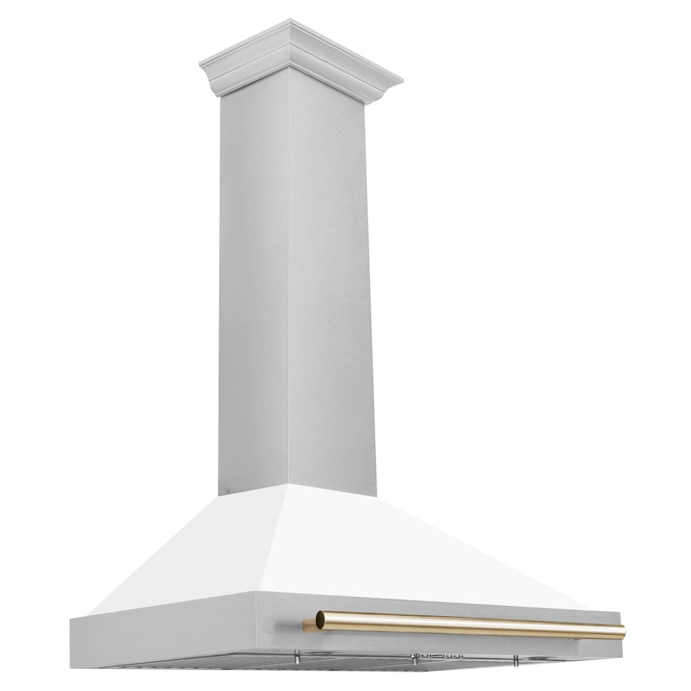 ZLINE Autograph Edition 36-inch range hood in satin stainless steel and polished gold accents KB4SNZ-WM36-G