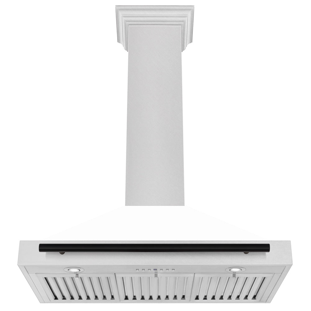 ZLINE Autograph Edition 36-inch range hood in satin stainless steel and matte black accents KB4SNZ-WM36-MB, view 4