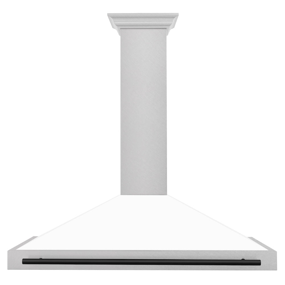 ZLINE Autograph Edition 48-inch range hood in satin stainless steel and matte black accents KB4SNZ-WM48-MB, front view