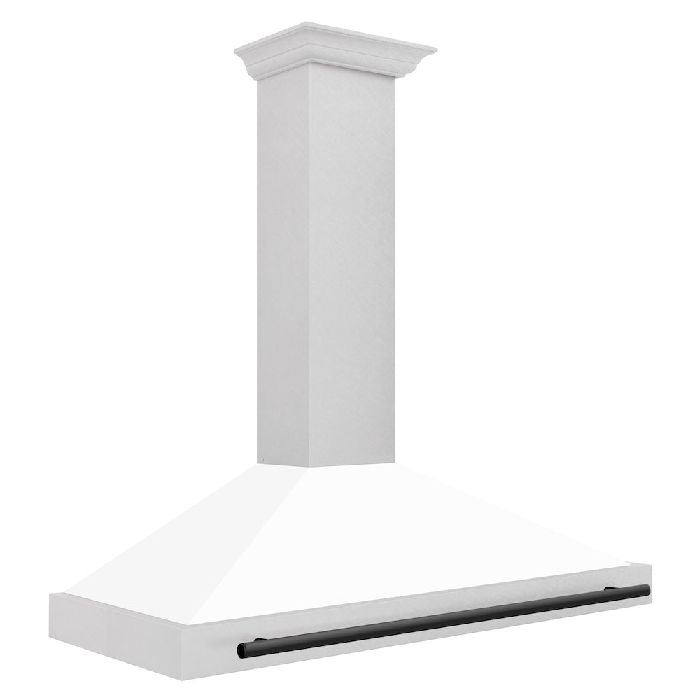 ZLINE Autograph Edition 48-inch range hood in satin stainless steel and matte black accents KB4SNZ-WM48-MB, side view