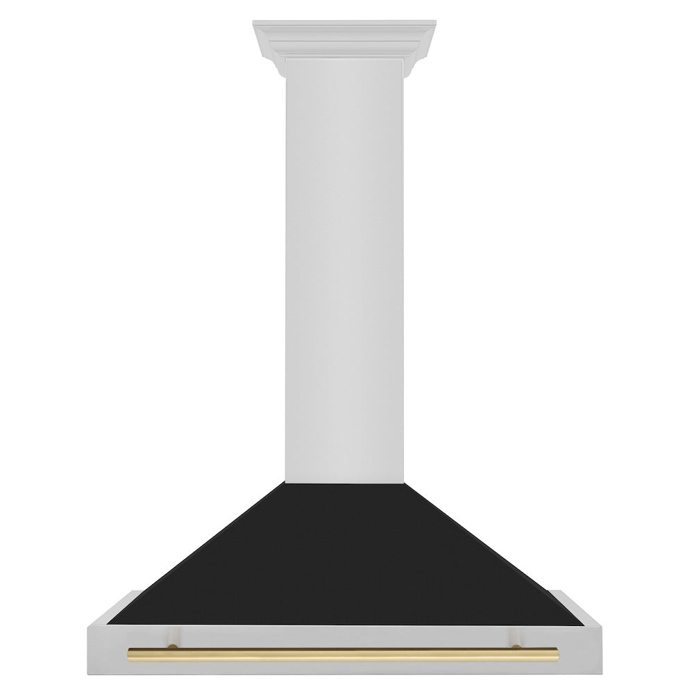 ZLINE Autograph Edition 36-inch range hood in black matte and champagne bronze accents KB4STZ-BLM36-CB, front view
